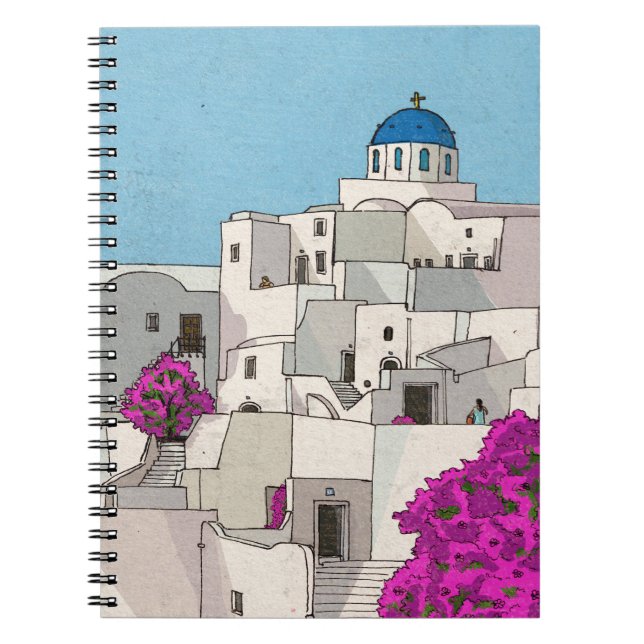 Caderno Espiral Ilustração química da Grécia da ilha Oia Santorini (Frente)