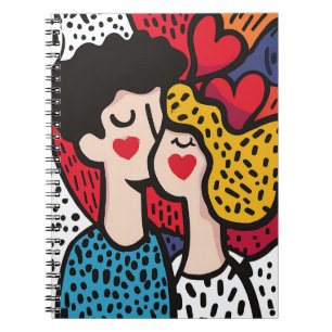 Caderno Espiral Ilustração Romântica de Arte Pop de um Casal Adorá