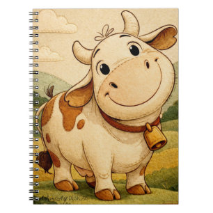 Caderno Espiral Ilustração Rústica de Vaca Sorridente e Fofa em Fa