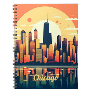 Caderno Espiral Ilustração Skyline Chicago em Laranja
