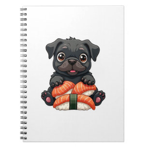 Caderno Espiral Ilustração Vetorial de Sushi de Pug Preto Fofo Vin