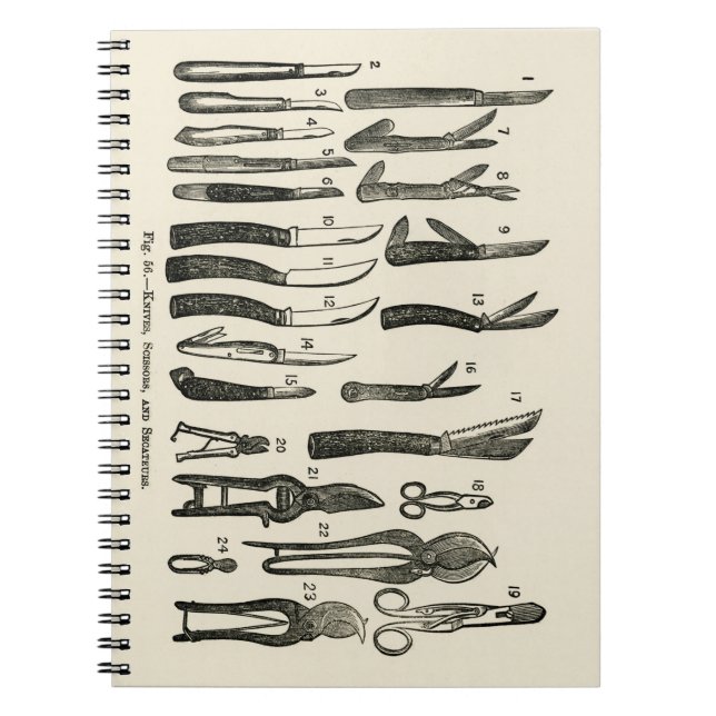 Caderno Espiral Ilustração vítrea de facas, tesouras, secador (Frente)