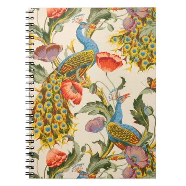 Caderno Espiral Ilustrações de Peacock e Poppies Vintage (Frente)