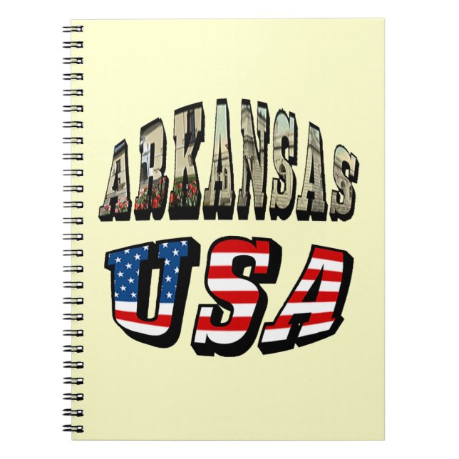 Caderno Espiral Imagem de Arkansas e Texto de Sinalizador EUA (Frente)