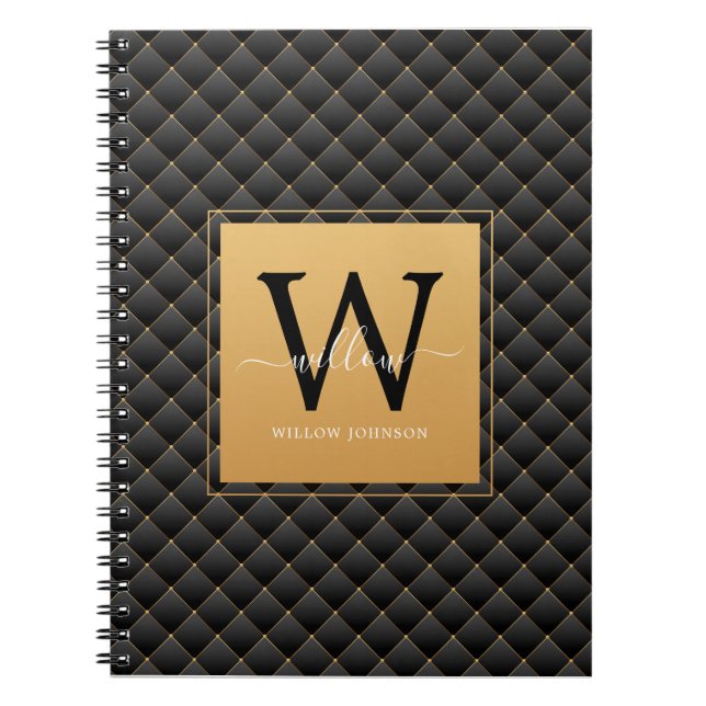 Caderno Espiral Imagem inicial do monograma Dourado preto elegante (Frente)