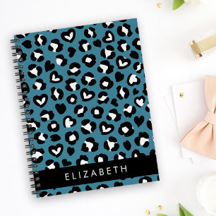 Caderno Espiral Impressão Animal, Leopardo Azul, Corações, Seu Nom