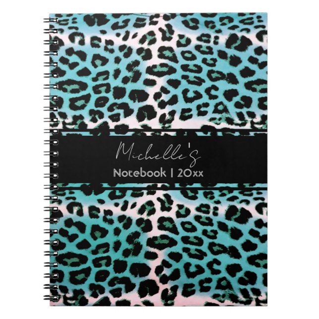 Caderno Espiral Impressão Animal Leopardo Azul Elegante Personaliz (Frente)