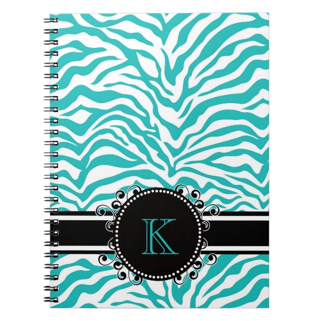Caderno Espiral Impressão azul Funky da zebra com monograma da (Frente)