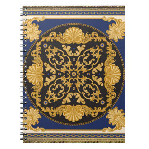 Caderno Espiral Impressão Bandana sobre fundo preto e azul, Dourad