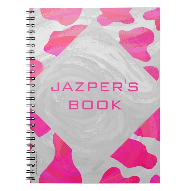 Caderno Espiral Impressão branco e rosa quente da vaca monográfica (Frente)