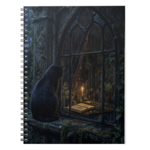 Caderno Espiral Impressão de Arte Botânica Escura Gato Preto Gótic