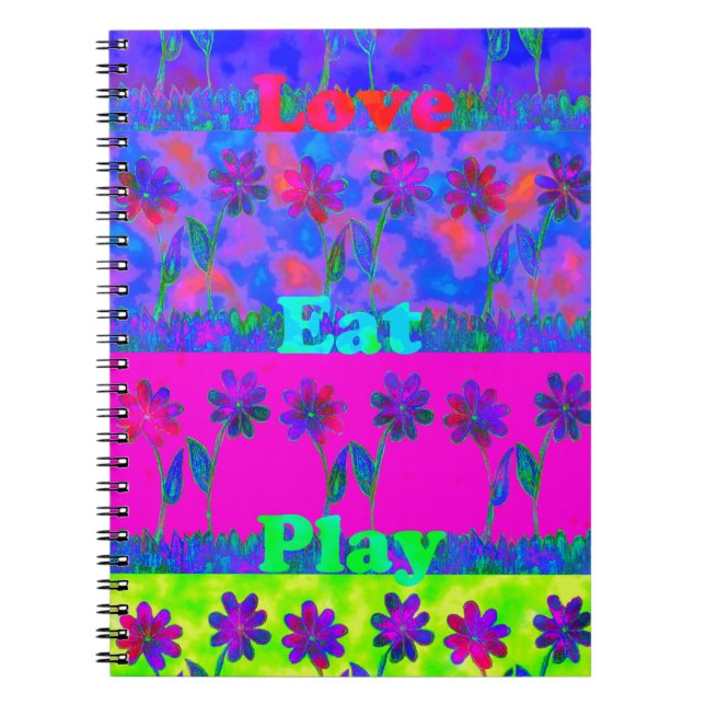 Caderno Espiral Impressão de Arte "Comer Amor e Brincar" vibrante  (Frente)