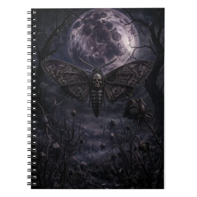 Caderno Espiral Impressão de Arte da Lua Gótica da Mariposa Caveir (Frente)