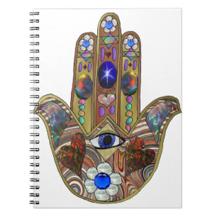 Caderno Espiral Impressão de Arte Opala Hamsa Judaica Corações Flo