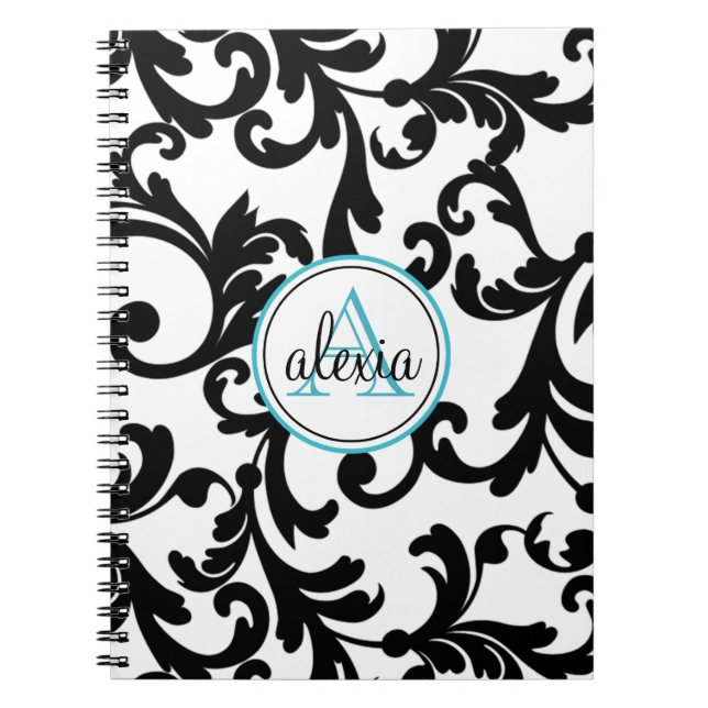 Caderno Espiral Impressão de Damasco com Monogramas, preto e turqu (Frente)