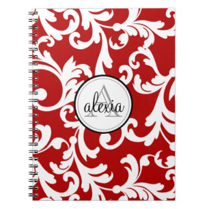Caderno Espiral Impressão de Damasco de Cherry Red Monogrammed