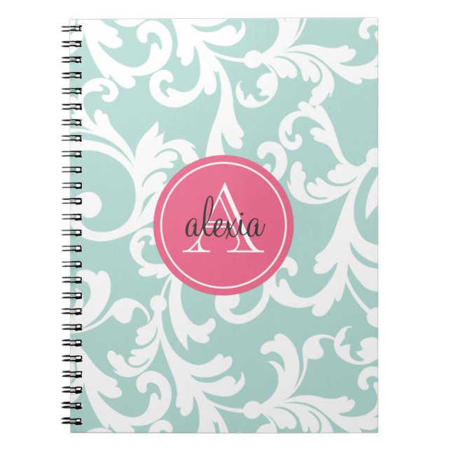 Caderno Espiral Impressão de Damasco Monograma Mint e Rosa (Frente)