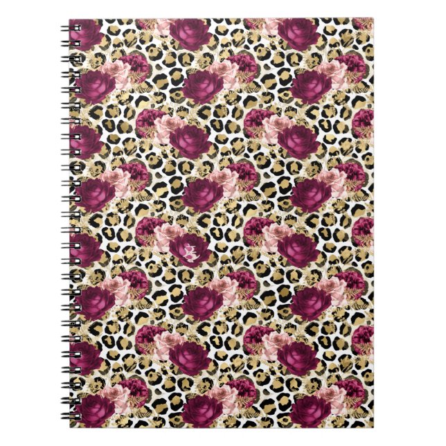 Caderno Espiral Impressão de Leopardo Flor Rosa Rosa Dourada para  (Frente)