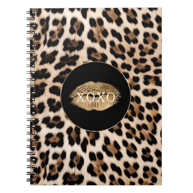 Caderno Espiral Impressão de Leopardo Lábios Dourados XOXO (Frente)