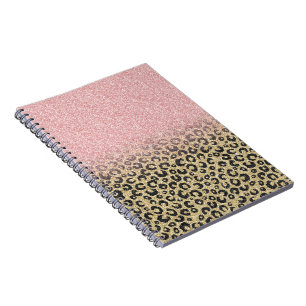 Caderno Espiral Impressão de Leopardo Preto Glitter Dourado Elega