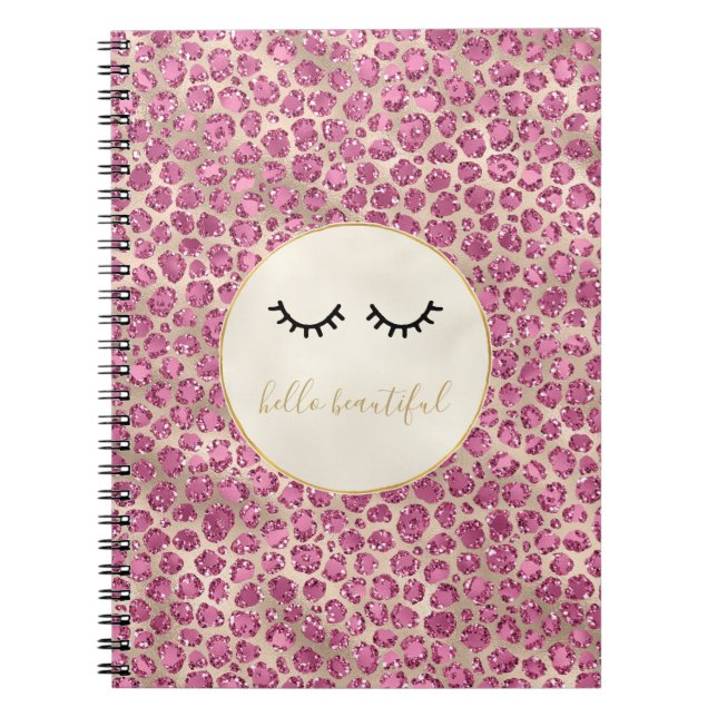 Caderno Espiral Impressão de Leopardo Rosa Dourada Eyelashes Preto (Frente)