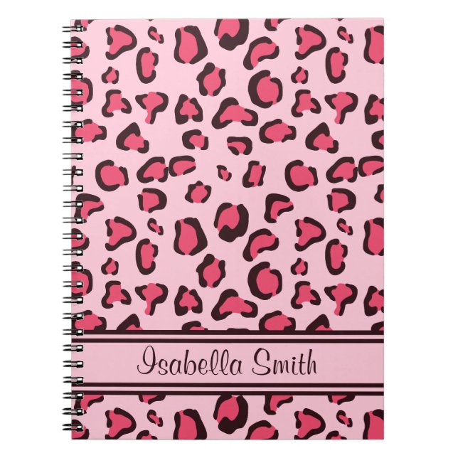 Caderno Espiral Impressão de leopardo rosa falsa com nome (Frente)