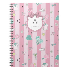 Caderno Espiral Impressão de Monograma Préppy de Pickleball Rosa