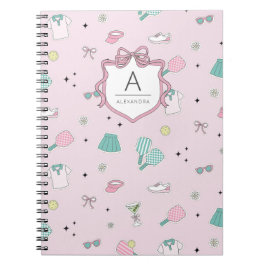 Caderno Espiral Impressão de Monograma Préppy de Pickleball Rosa