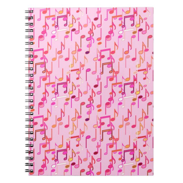 Caderno Espiral Impressão de Notas Musicais - cor-de-rosa, multimé (Frente)