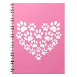 Caderno Espiral Impressão de pata rosa-coração-branca