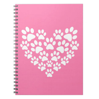 Caderno Espiral Impressão de pata rosa-coração-branca