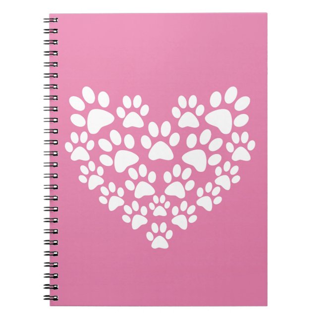 Caderno Espiral Impressão de pata rosa-coração-branca (Frente)