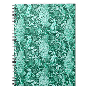 Caderno Espiral Impressão de Pavão Art Nouveau, Turquesa e Água