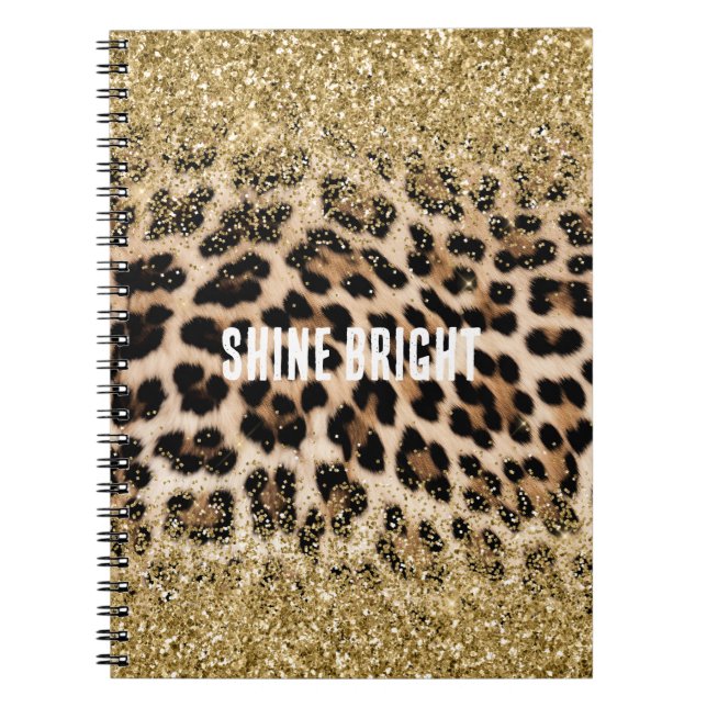 Caderno Espiral Impressão Leopardo de Creme Glitter Dourado Glam (Frente)