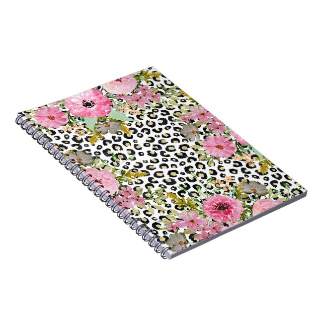 Caderno Espiral Impressão Leopardo Elegante e Design Floral (Lado Direito)