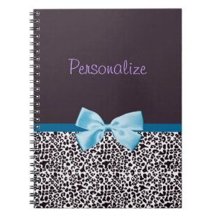 Caderno Espiral Impressão na moda do leopardo e fita azul com nom