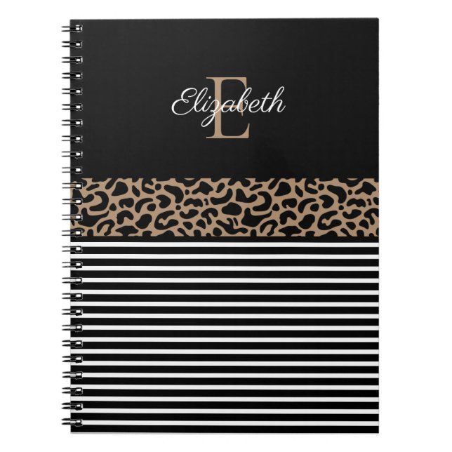 Caderno Espiral Impressão Negra-Leopardo-Preta de Monograma Elegan (Frente)