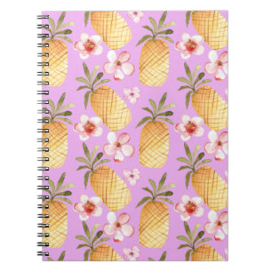 Caderno Espiral Impressão tropical de abacaxi retrô sobre fundo li