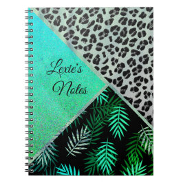 Caderno Espiral Impressão Tropical Leopardo de Teal com Glittery