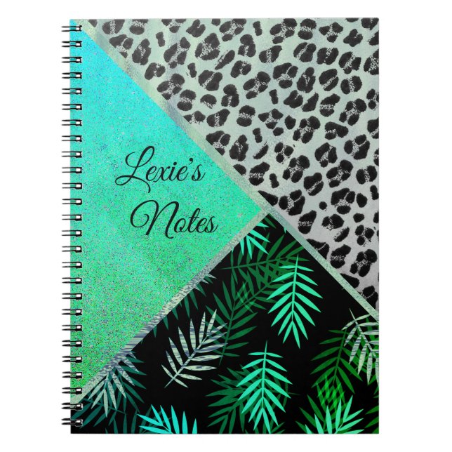 Caderno Espiral Impressão Tropical Leopardo de Teal com Glittery (Frente)