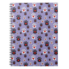 Caderno Espiral Impressões de patas com Corações Vermelhos em Azul