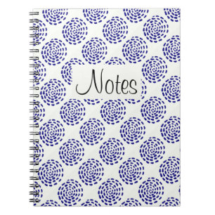 Caderno Espiral Indigo - padrão circular azul-escuro em branco