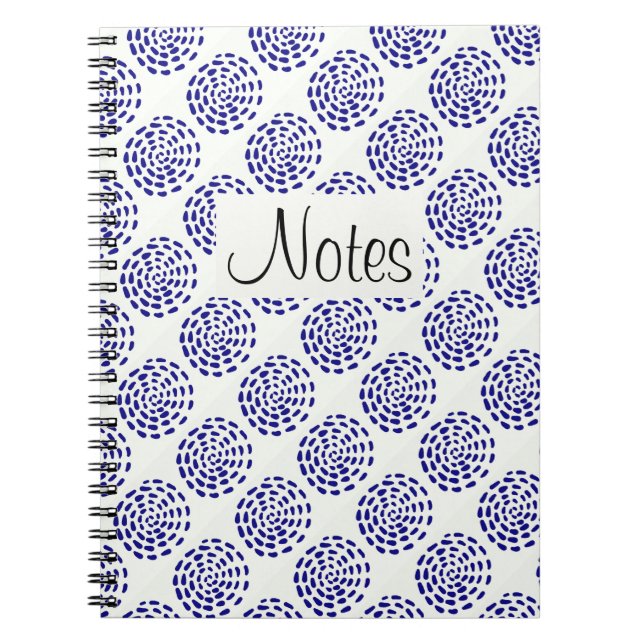 Caderno Espiral Indigo - padrão circular azul-escuro em branco (Frente)
