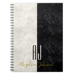 Caderno Espiral Iniciais de Monograma Branco e Preto Marble Modern