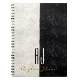 Caderno Espiral Iniciais de Monograma Branco e Preto Marble Modern