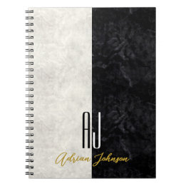 Caderno Espiral Iniciais de Monograma Branco e Preto Marble Modern