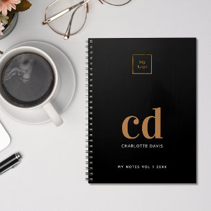 Caderno Espiral Iniciais de monograma dourado preto logo negócios
