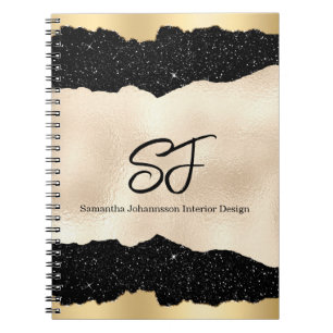 Caderno Espiral Iniciais de Monograma em Preto Luxurioso e Dourado