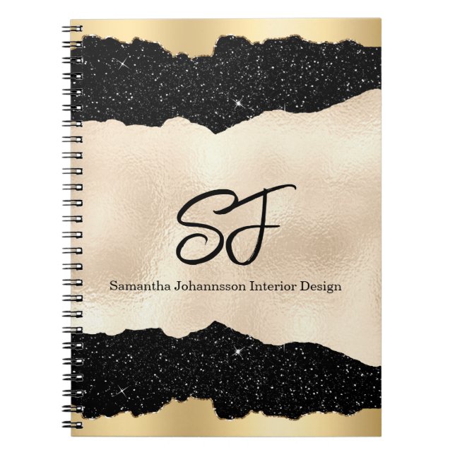 Caderno Espiral Iniciais de Monograma em Preto Luxurioso e Dourado (Frente)