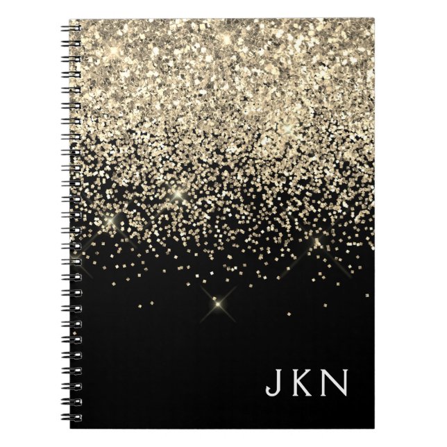 Caderno Espiral Iniciais Douradas de Monograma Girly Glitter Negra (Frente)